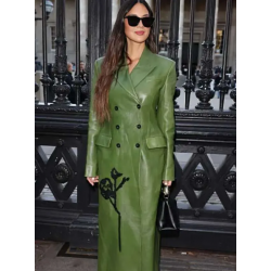 LFW Olivia Munn Green Leather Coat